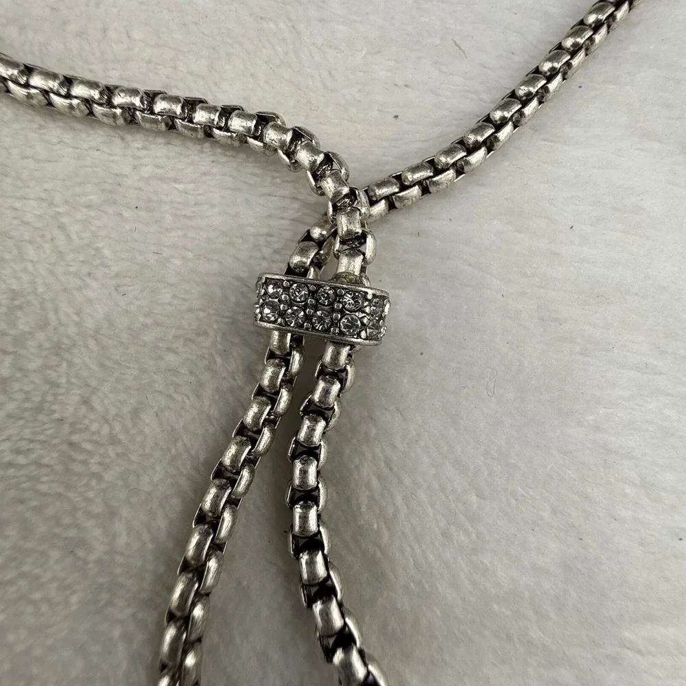 Vintage Joan Rivers Lariat Necklace Silver Tassel Rhinestone 36in
